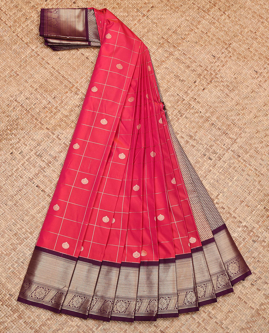Red Budget Silk Saree, Featuring Zari Butta Enclosed Checks, Contrast Traditional Zari Border, Grand Jaal Pallu, and a Contrast Blouse