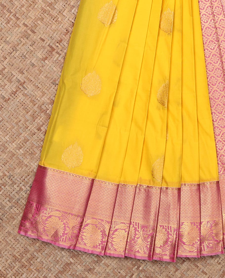Yellow Budget Silk Saree, Sparsely Decked Up with Zari Buttas, Complemented by Contrast Traditional Zari Border, Jaal Pallu and a Contrast Blouse