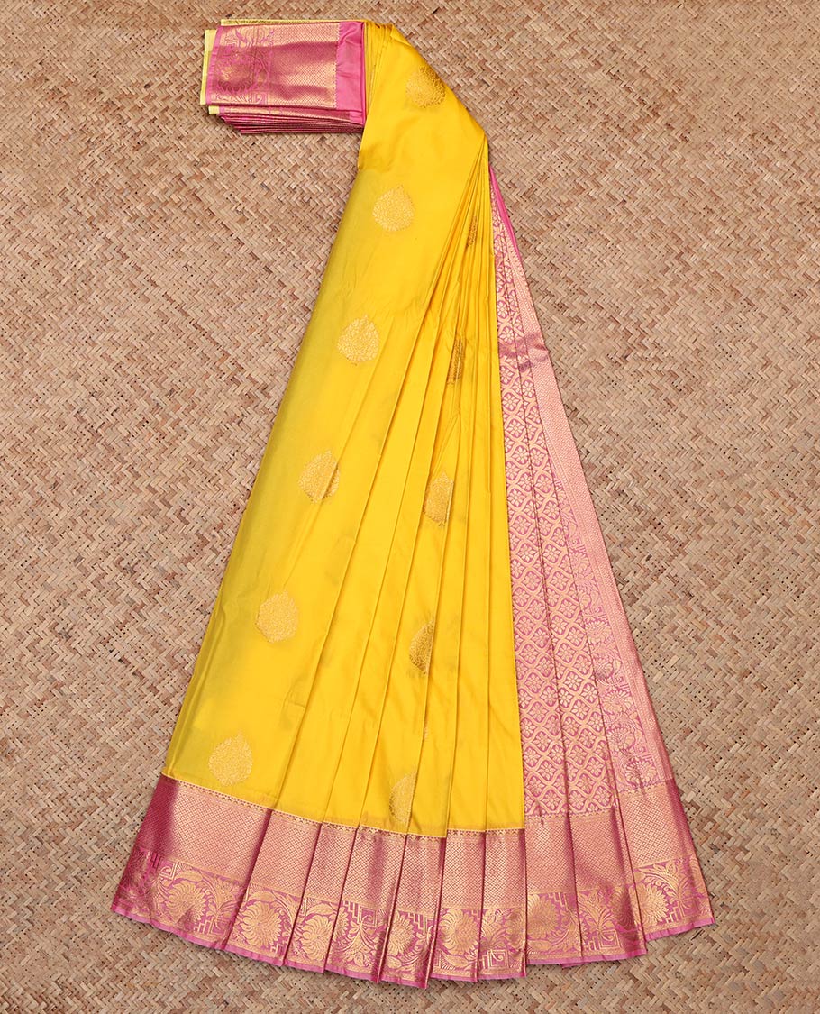 Yellow Budget Silk Saree, Sparsely Decked Up with Zari Buttas, Complemented by Contrast Traditional Zari Border, Jaal Pallu and a Contrast Blouse
