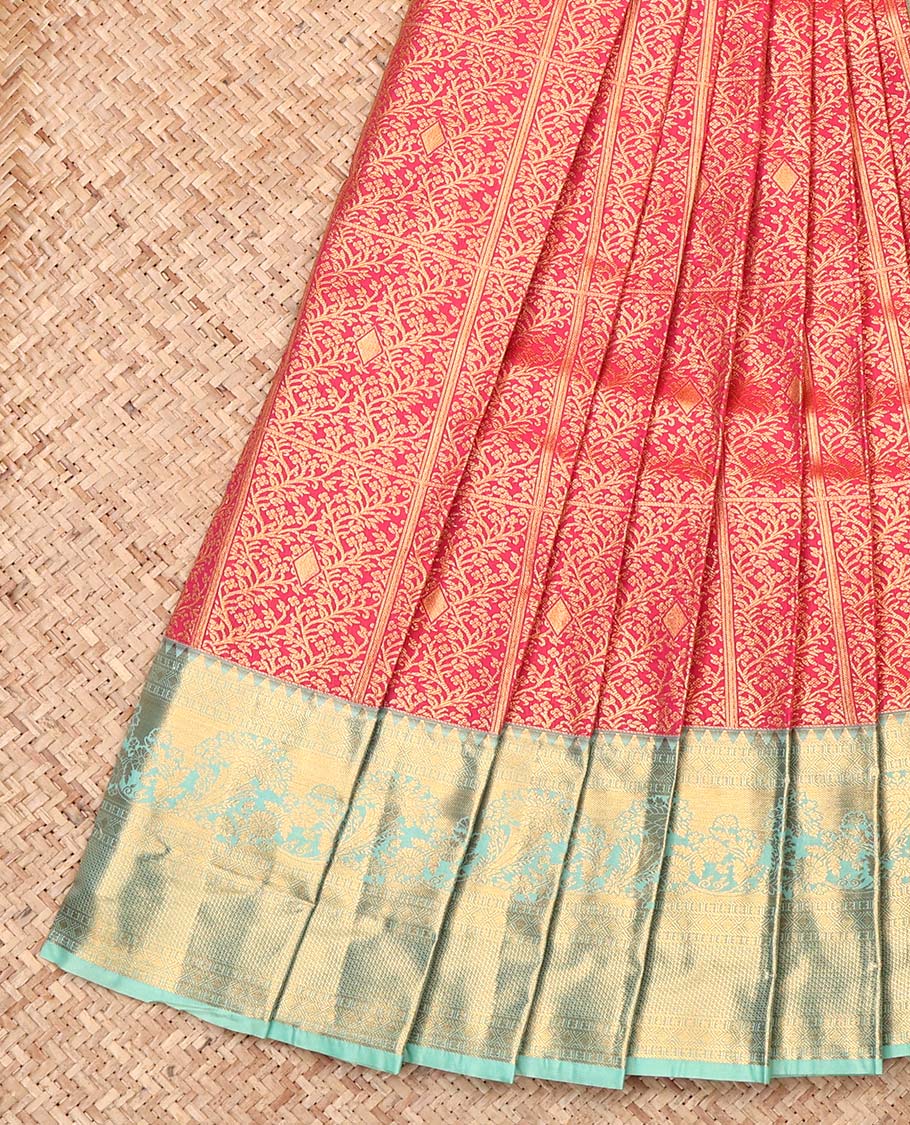 Red Budget Silk Saree, Impeccably Styled with Jacquard, Complemented by Contrast Traditional Zari Border, Grand Pallu, and Contrast Blouse