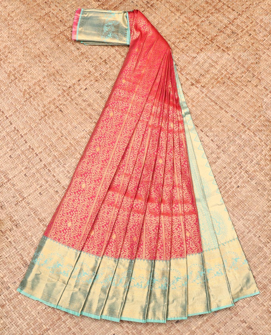 Red Budget Silk Saree, Impeccably Styled with Jacquard, Complemented by Contrast Traditional Zari Border, Grand Pallu, and Contrast Blouse