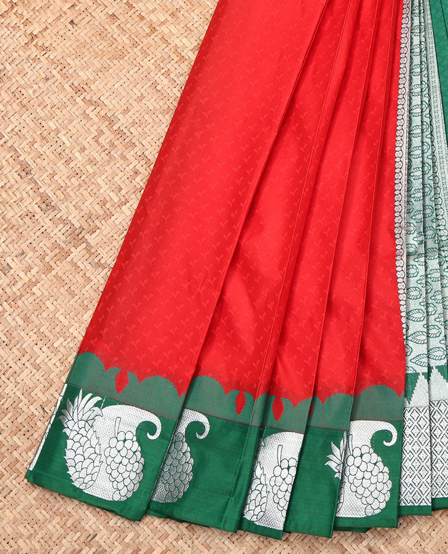 Red Embossed Budget Silk Saree, a Contrast Fruit Motifs Zari Border, Intricate Pallu, and Contrast Blouse