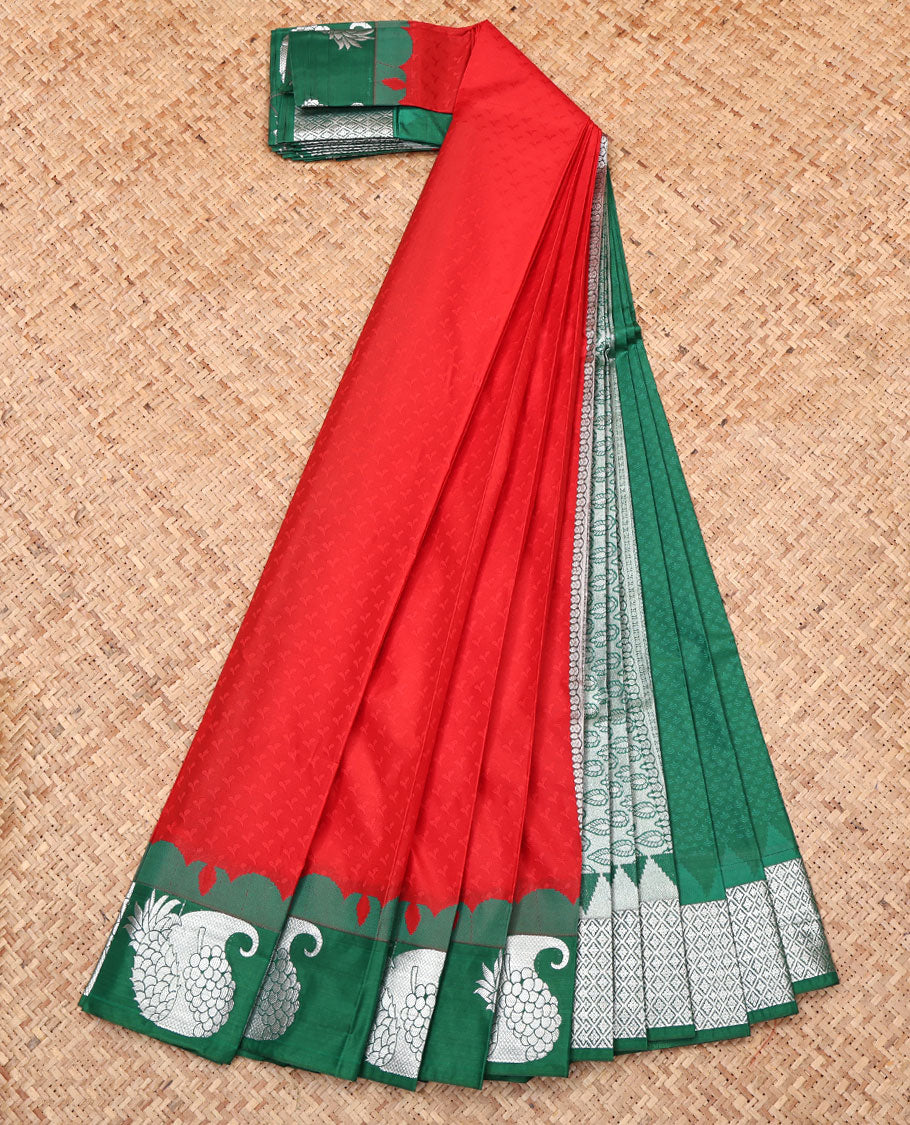 Red Embossed Budget Silk Saree, a Contrast Fruit Motifs Zari Border, Intricate Pallu, and Contrast Blouse