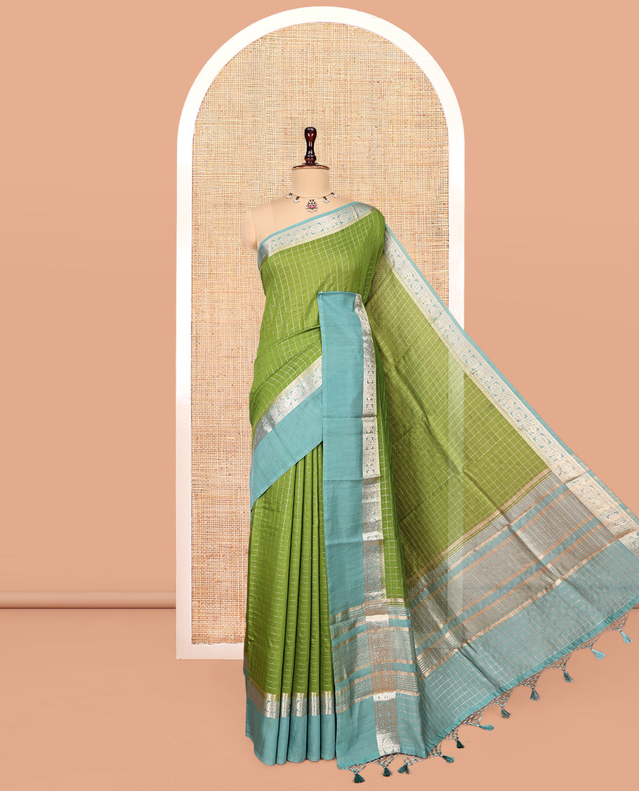 Parrot Green Zari Checked Assam Silk Saree, Complemented by a Contrast Traditional Zari-Woven Border, Zari-Striped Pallu, and a Contrast Blouse