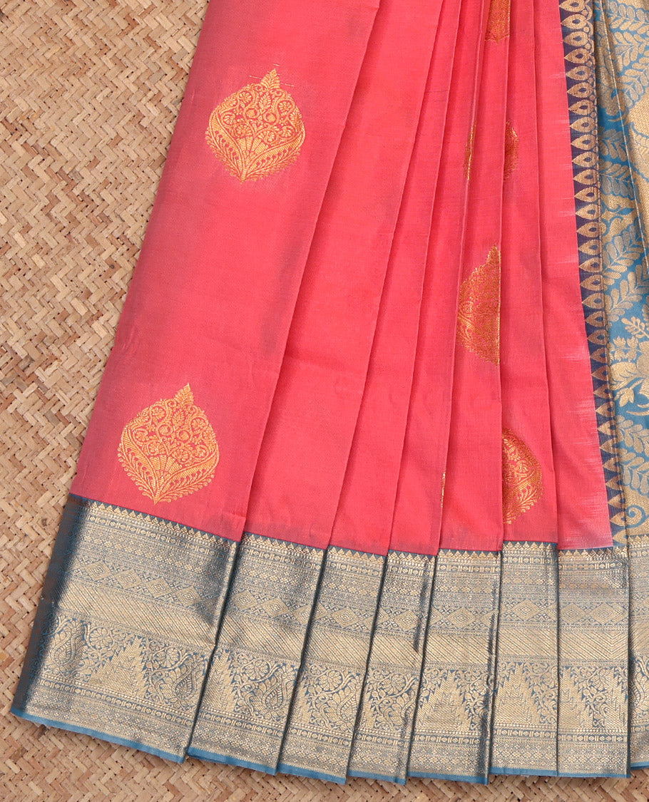 Peach Budget Silk Saree, Spotlighted with Zari Buttas, Complemented by a Contrast Traditional Border, Grand Pallu, and a Contrast Blouse