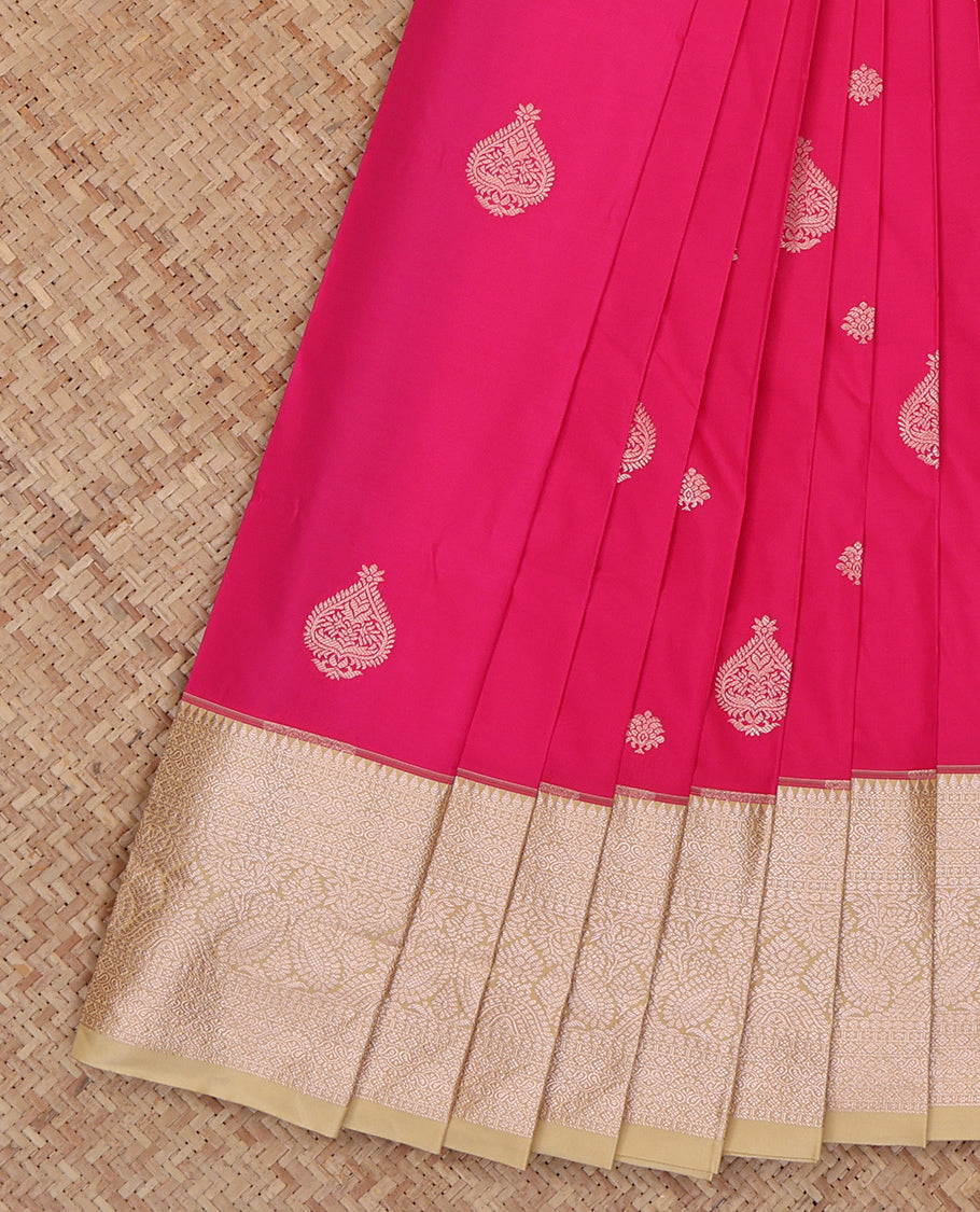Pink Budget Silk Saree, Bedecked with Zari Buttas, Complemented by a Contrast Traditional Zari Border, Grand Pallu, and a Contrast Blouse