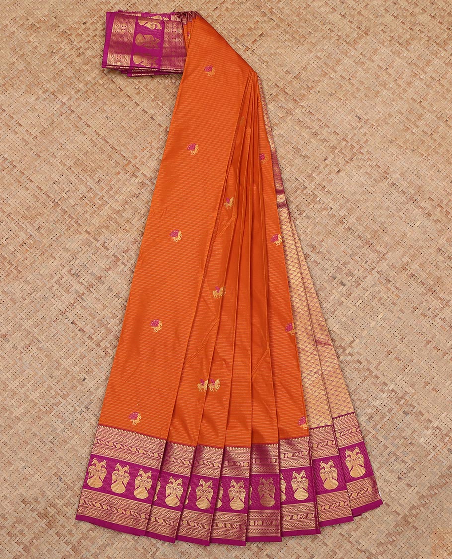 Orange Budget Silk Saree, Spotlighted with Horse Buttas and Stripes, a Contrast Traditional Iruthalai Pakshi Zari Border, a Jaal Pallu and a Contrast Blouse