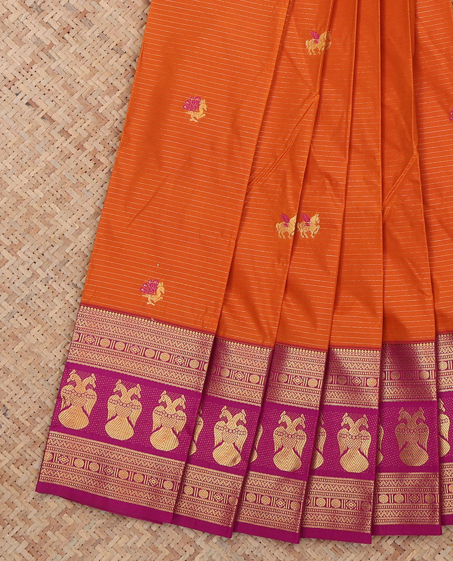 Orange Budget Silk Saree, Spotlighted with Horse Buttas and Stripes, a Contrast Traditional Iruthalai Pakshi Zari Border, a Jaal Pallu and a Contrast Blouse