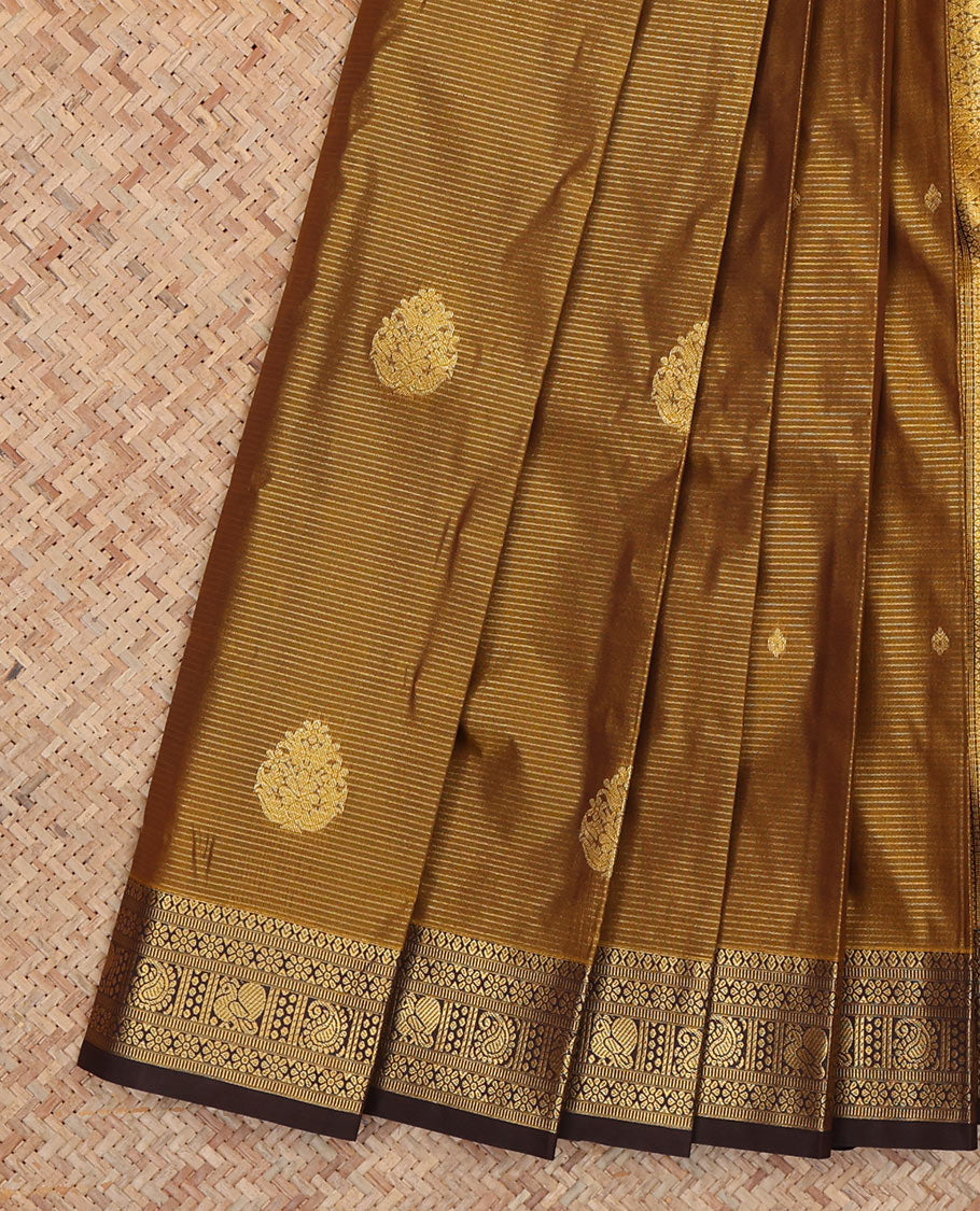 Gold Budget Silk Saree Features Zari Buttas and Stripes, Complemented by Contrast Traditional Zari Border, a Jaal Pallu and a Contrast Blouse