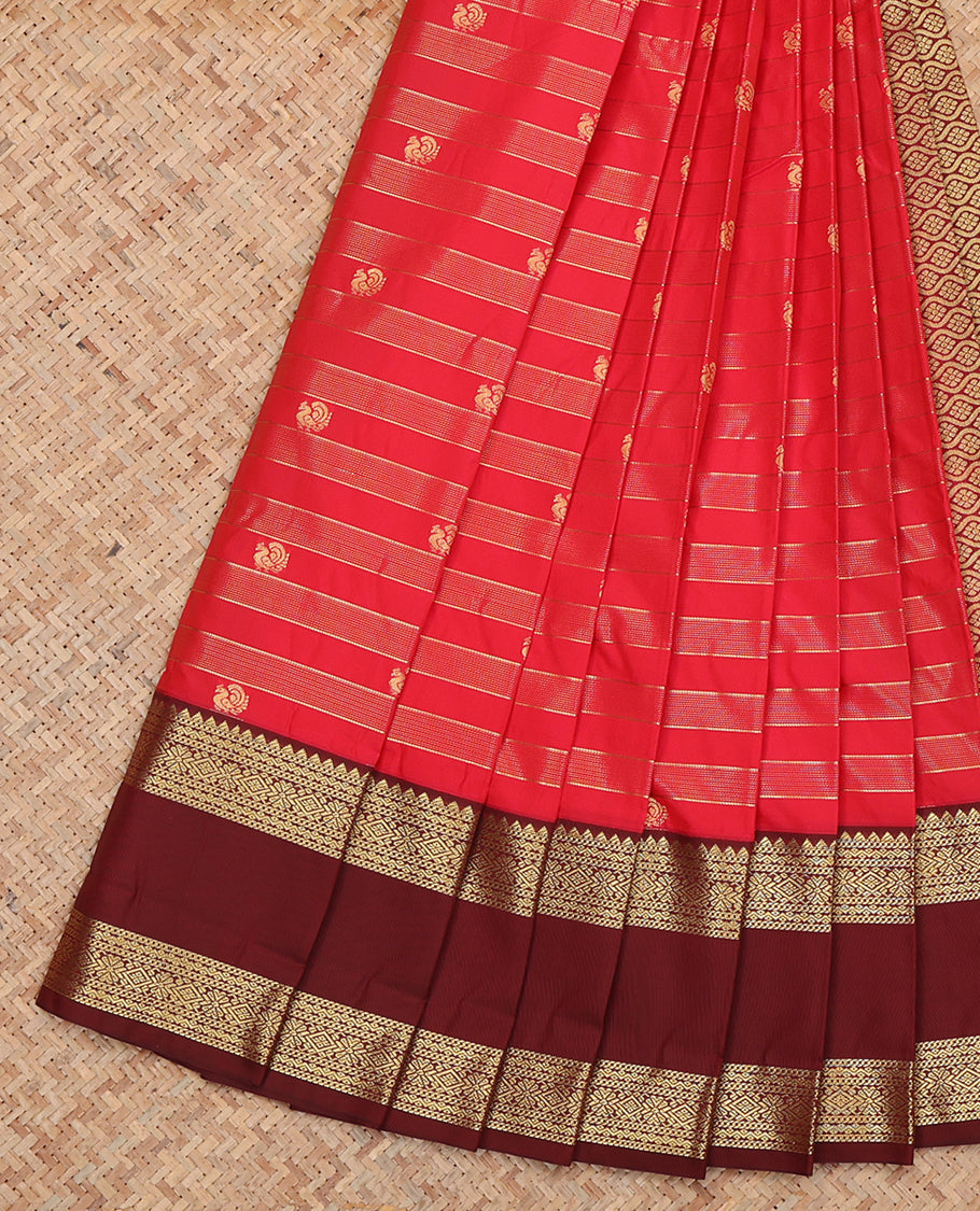 Red Budget Silk Saree, Delicately Woven Zari Buttas and Stripes, Complemented by a Contrast Traditional Rettai Pettu Zari Border, Grand Jaal Pallu, and Contrast Blouse