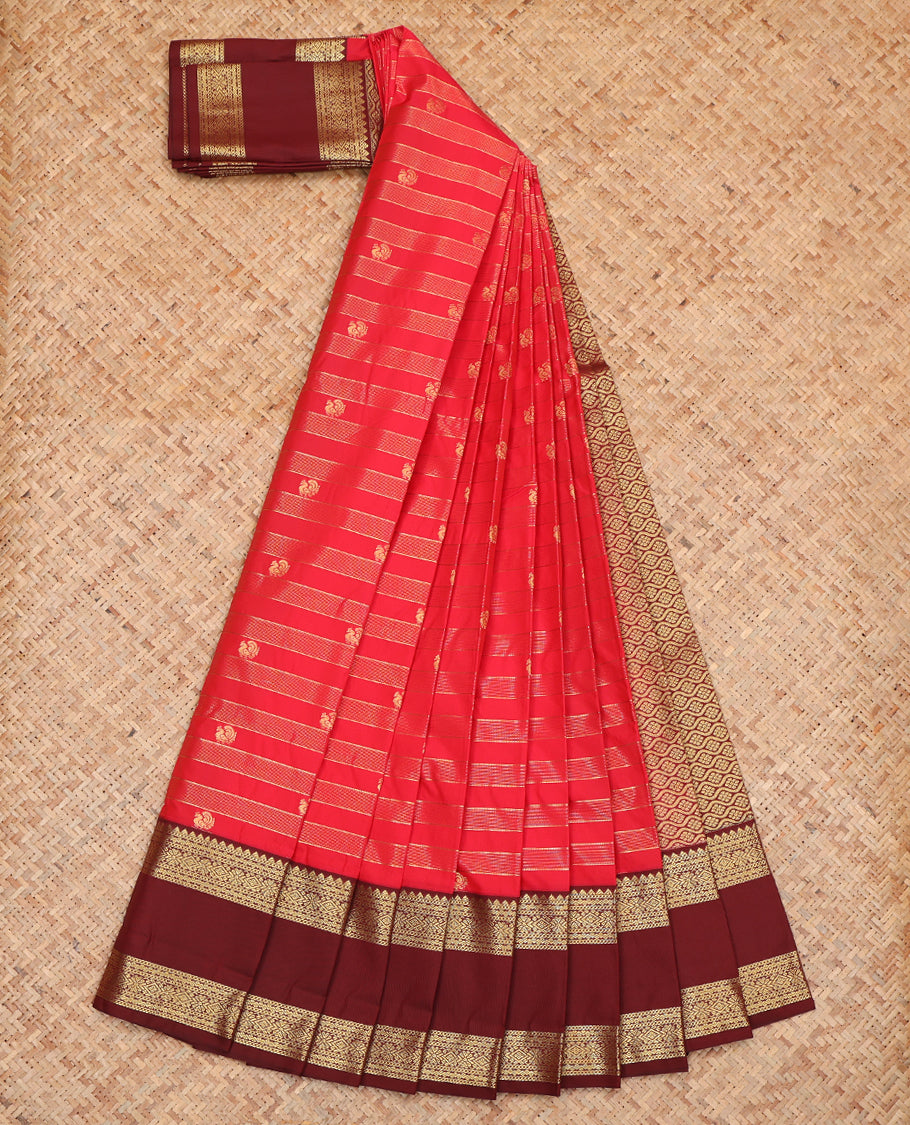 Red Budget Silk Saree, Delicately Woven Zari Buttas and Stripes, Complemented by a Contrast Traditional Rettai Pettu Zari Border, Grand Jaal Pallu, and Contrast Blouse