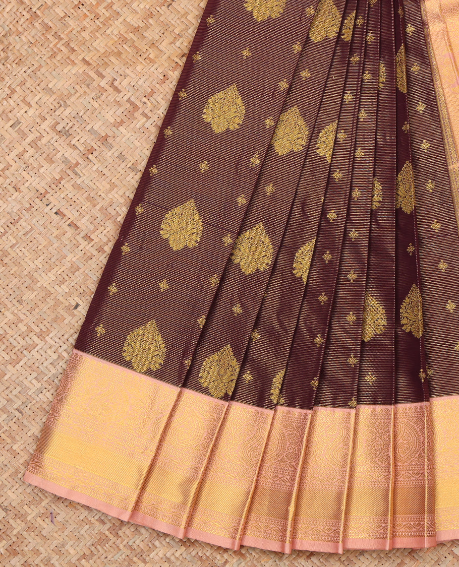 Brown Budget Silk Saree, Beautified with Zari Buttas and Stripes, a Contrast Traditional Zari Border, Grand Pallu, and a Contrast Blouse