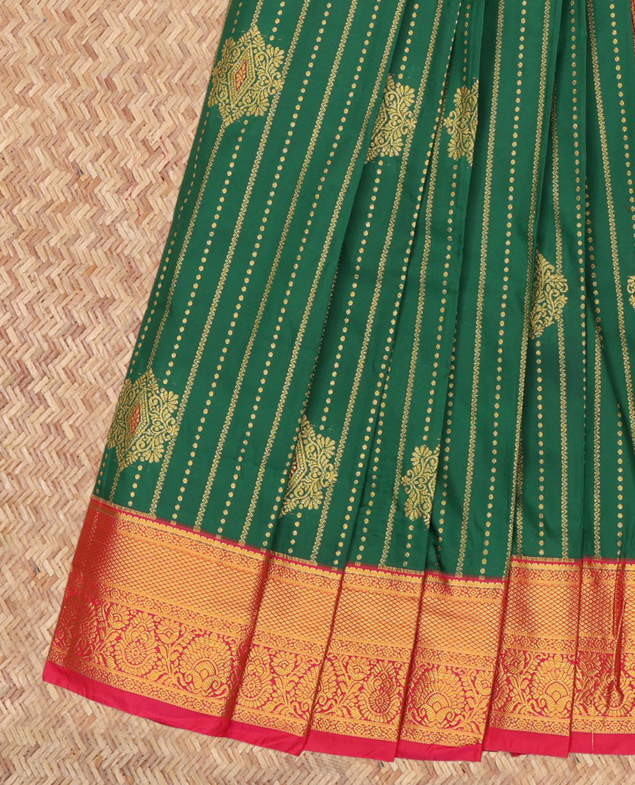 Green Budget Silk Saree, Graced with Zari Buttas and Stripes, a Contrast Traditional Zari Border, Grand Jaal Pallu, and a Contrast Blouse