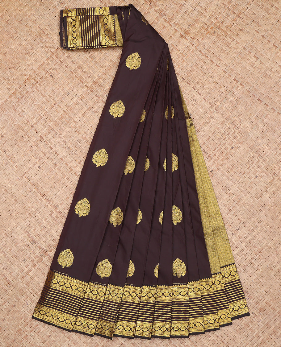 Brown Zari Butta Traditional Dotted Stripes Budget Silk Saree