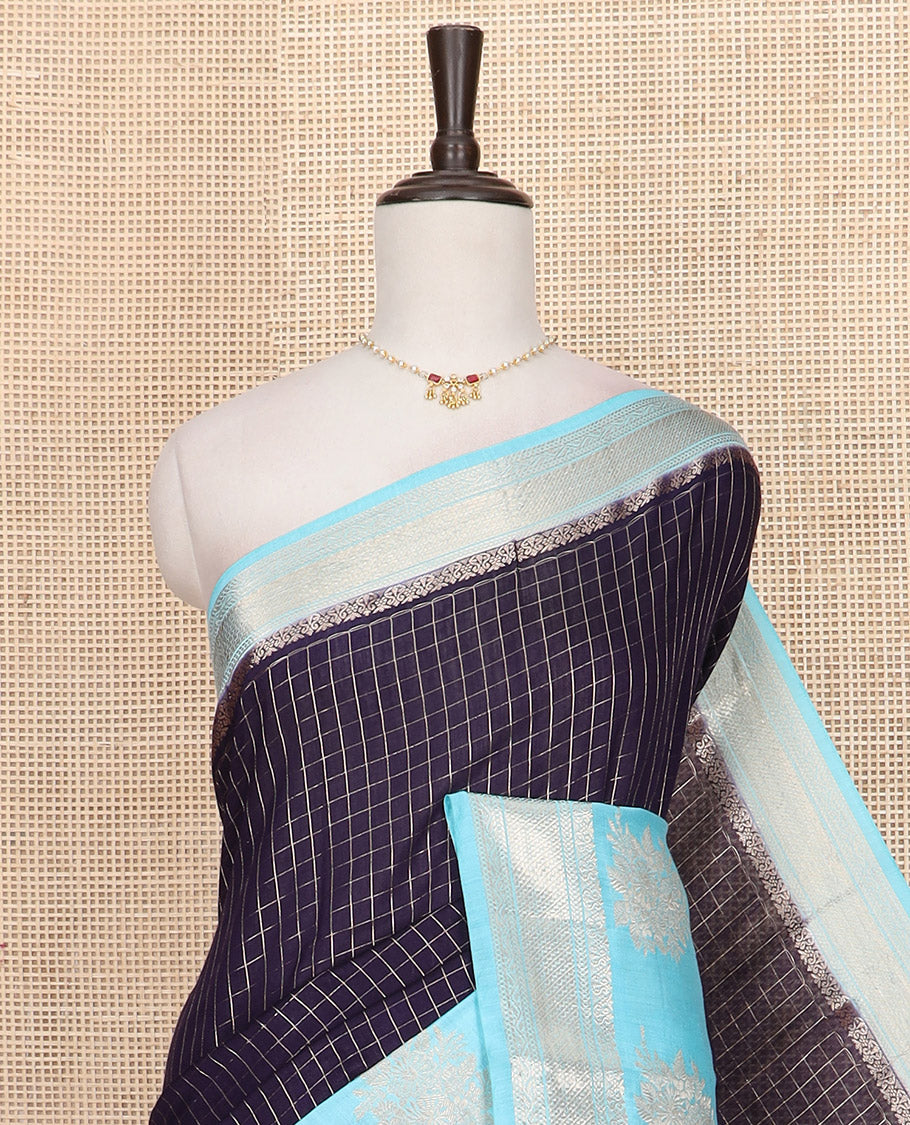Blue zari checked Assam silk saree, contrast traditional zari border of floral designs, and pallu of zari designs