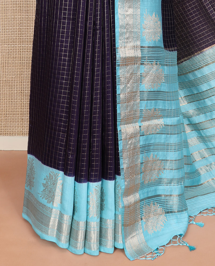 Blue zari checked Assam silk saree, contrast traditional zari border of floral designs, and pallu of zari designs