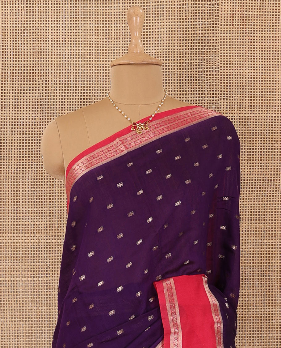 Purple zari buttas Assam silk saree, contrast traditional zari border, and zari striped pallu