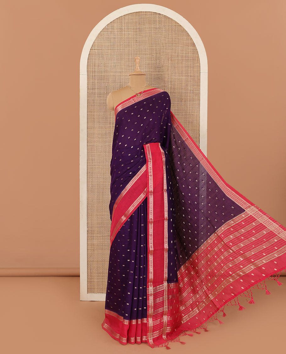 Purple zari buttas Assam silk saree, contrast traditional zari border, and zari striped pallu