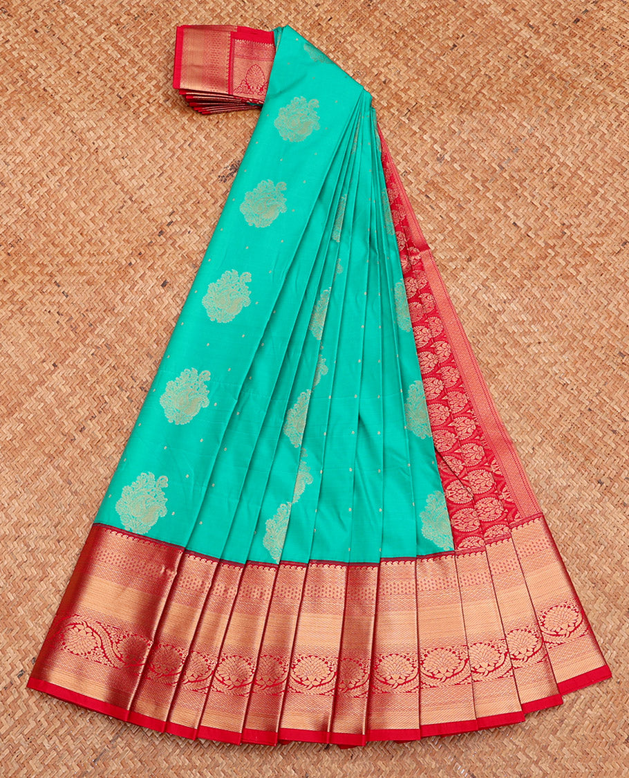 Turquoise Budget Silk Saree, Detailed with Zari Buttas, Complemented by a Contrast Traditional Zari Border, Grand Pallu, and Contrast Blouse
