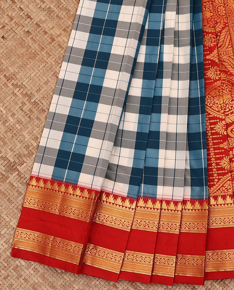 Multi-Color Checked Budget Silk Saree, Accentuated with Contrast Traditional Zari Design Rettai Pettu Temple Red Border, a Grand Mughal-Style Intricately Designed Pallu, and Paired with a Contrast Blouse