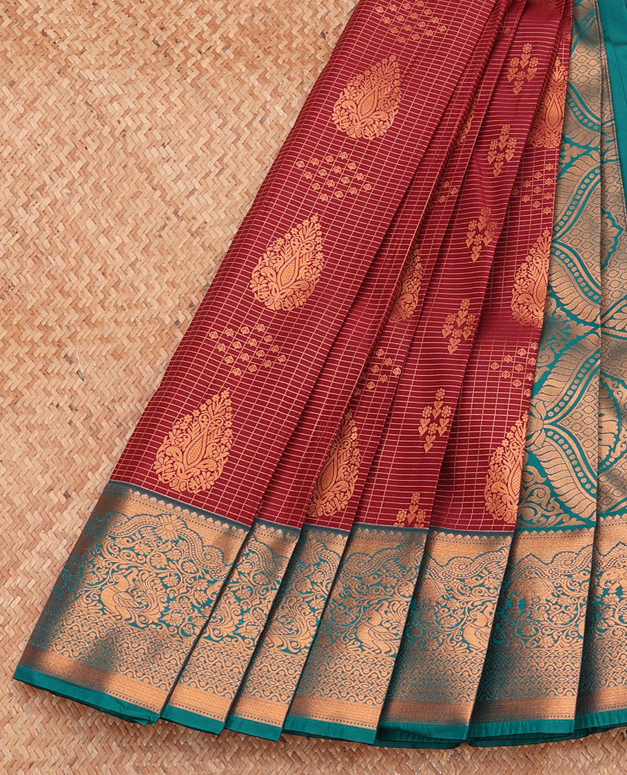 Maroon Budget Silk Saree, Mesmerized with Zari Buttas and Checks, Complemented by a Contrast Traditional Zari Border, Grand Pallu, and a Contrast Blouse