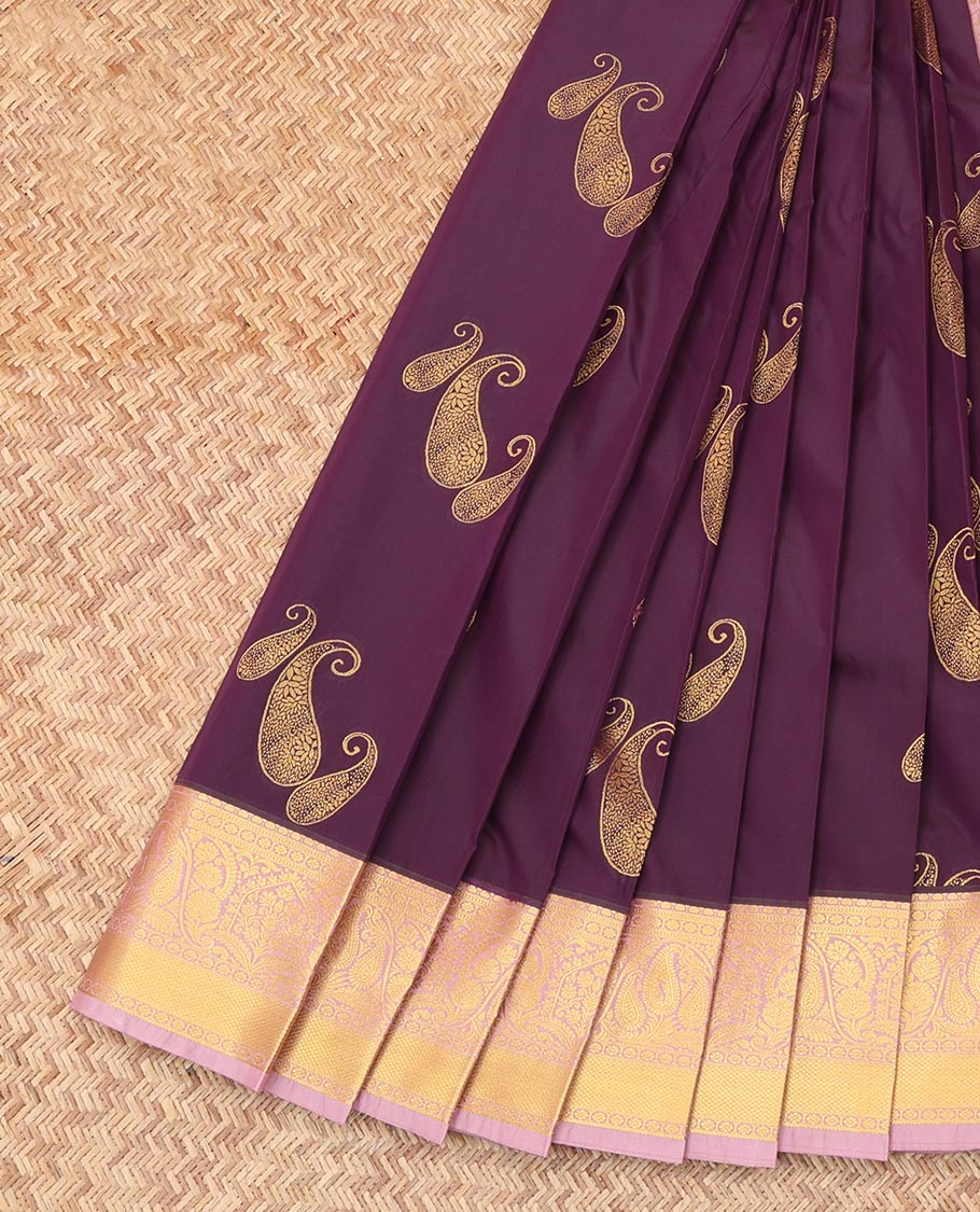 Wine Budget Silk Saree, Crafted with Paisley Zari Buttas, Complemented by Contrast Traditional Zari Border, a Grand Pallu and a Contrast Blouse