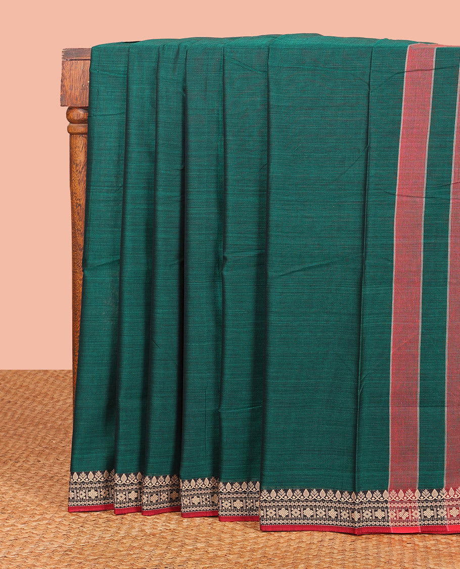 Green Plain Narayanpet Cotton Saree, Complemented by a Contrast Temple Thread Woven Border of Traditional Designs, Vibrantly Striped Pallu, and Paired with a Matching Blouse