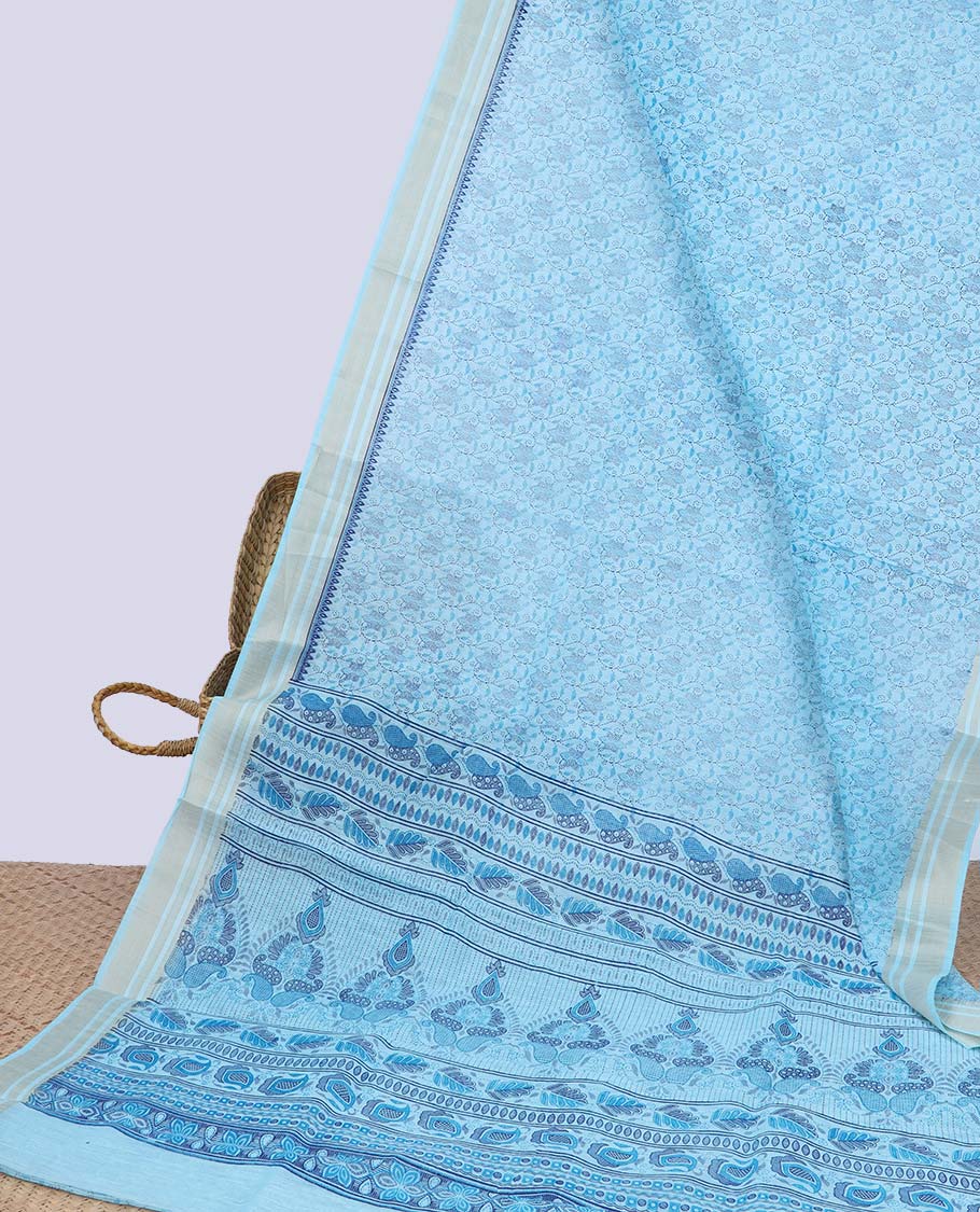 Blue intricately printed budget cotton saree, plain border & intricately printed pallu
