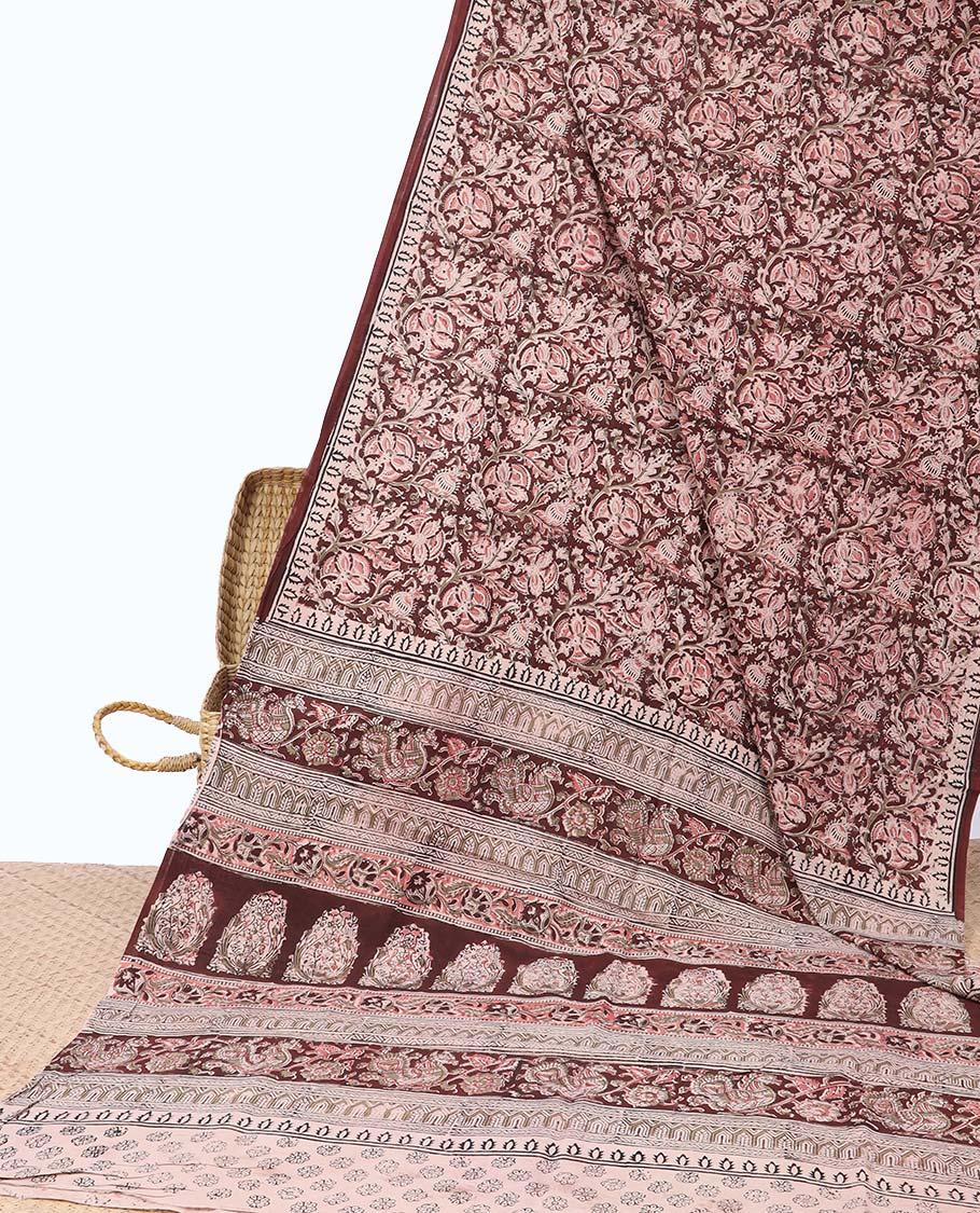 Chocolate brown floral design machine-printed kalamkari cotton saree with contrast floral design border & floral design pallu