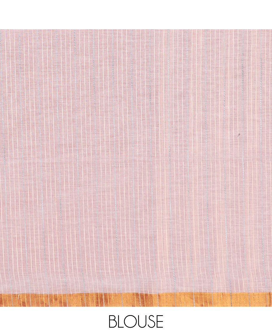 Pink plain jute cotton saree, zari border, and striped pallu