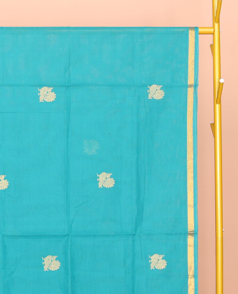 Blue Venkatagiri Cotton Saree, Enriched with Peacock Buttas, a Contrast Zari Border, Pallu of Buttas and Stripes, and No Blouse