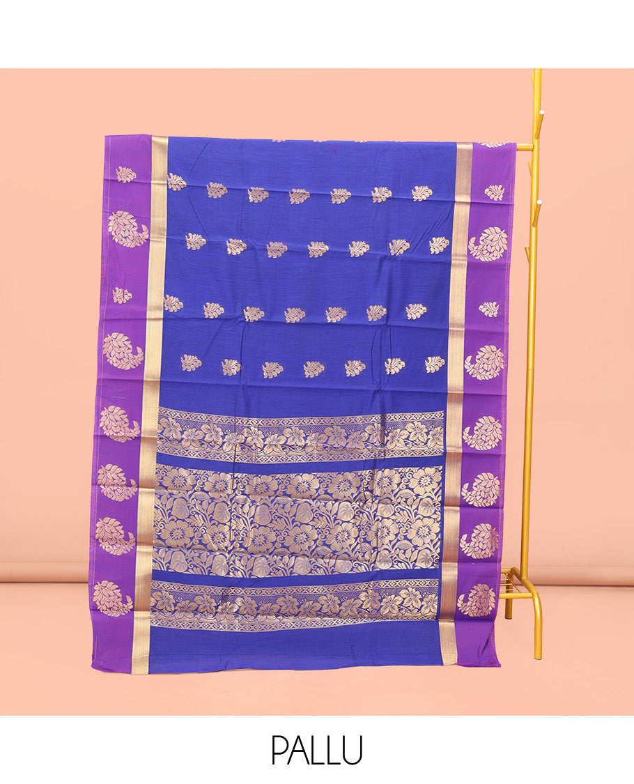 Blue Semi-Silk Cotton Saree, Richly Detailed with Floral Zari Buttas All Over Its Body, Complemented by Contrast Border of Paisleys, Pallu of Floral Designs, and Paired with a Matching Blouse