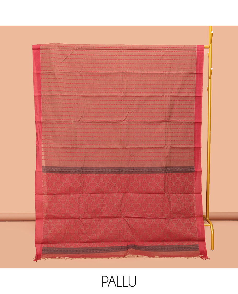 Pale Brown Kanchi Cotton Saree, Embellished with Stripes, Complemented by a Contrast Border, Intricate Pallu, and a Matching Blouse