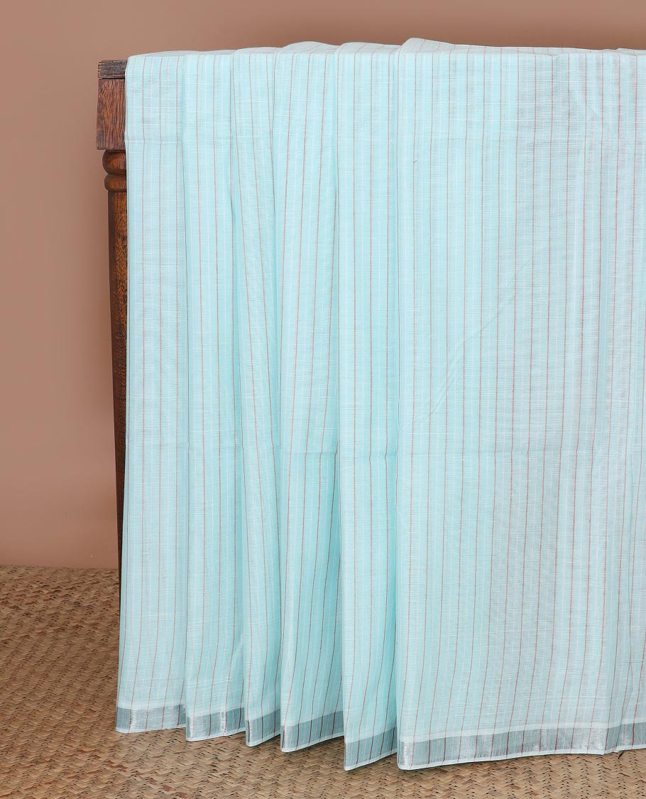 Pastel blue striped jute cotton saree, zari border & striped pallu