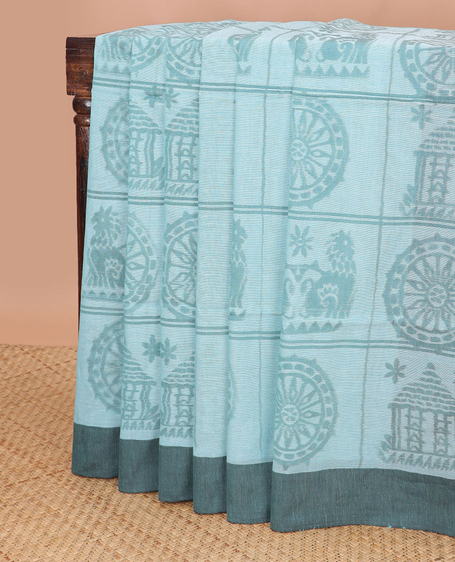 Sea blue intricate design ikkat cotton saree with contrast border & floral design pallu