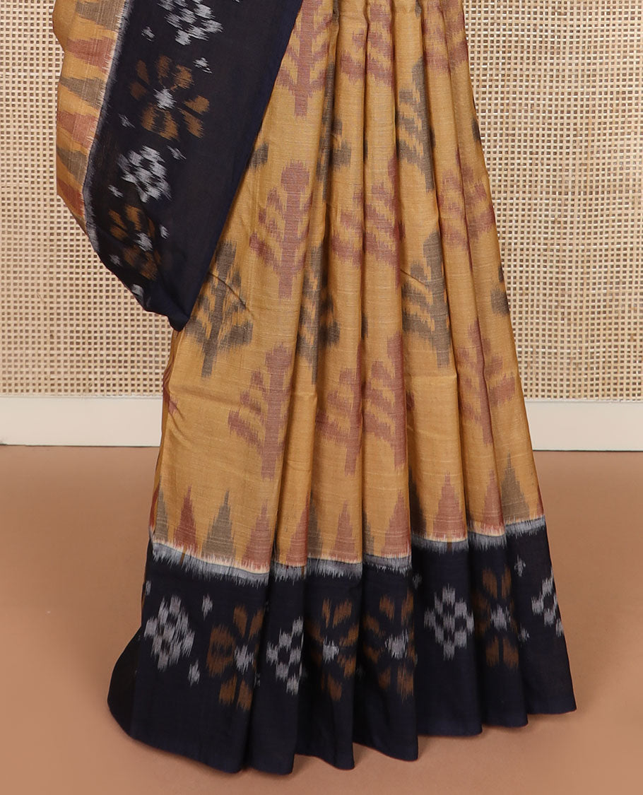 Sandal tree butta pochampally cotton saree, contrast ikkat border & pallu of ikkat triangle designs