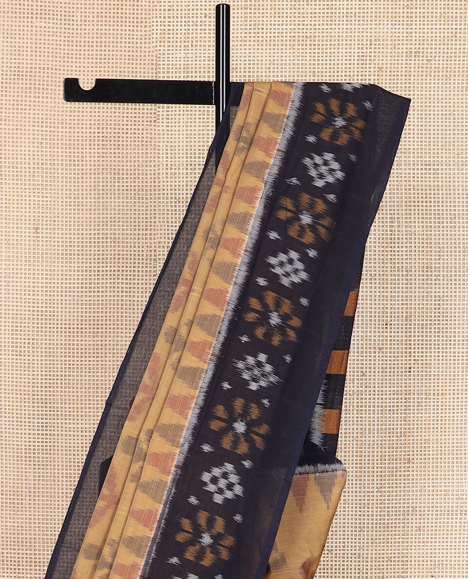 Sandal tree butta pochampally cotton saree, contrast ikkat border & pallu of ikkat triangle designs