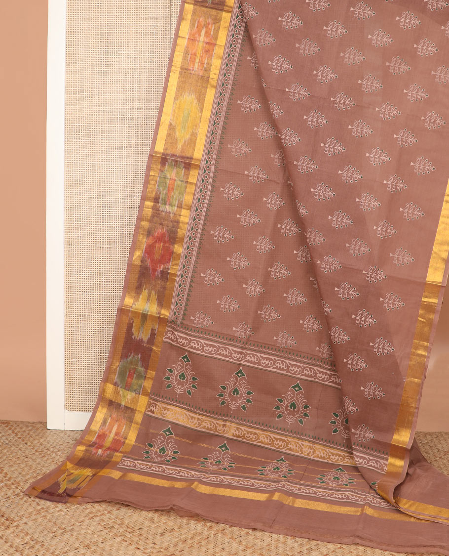 Brown unique motifs printed Andhra cotton saree, ikkat border, and printed pallu