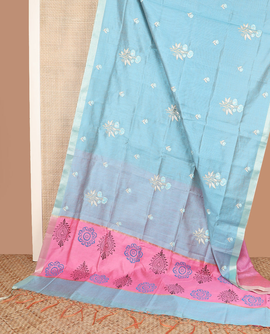 Blue floral thread embroidered Chirala cotton saree, bavanji border, and contrast block printed pallu