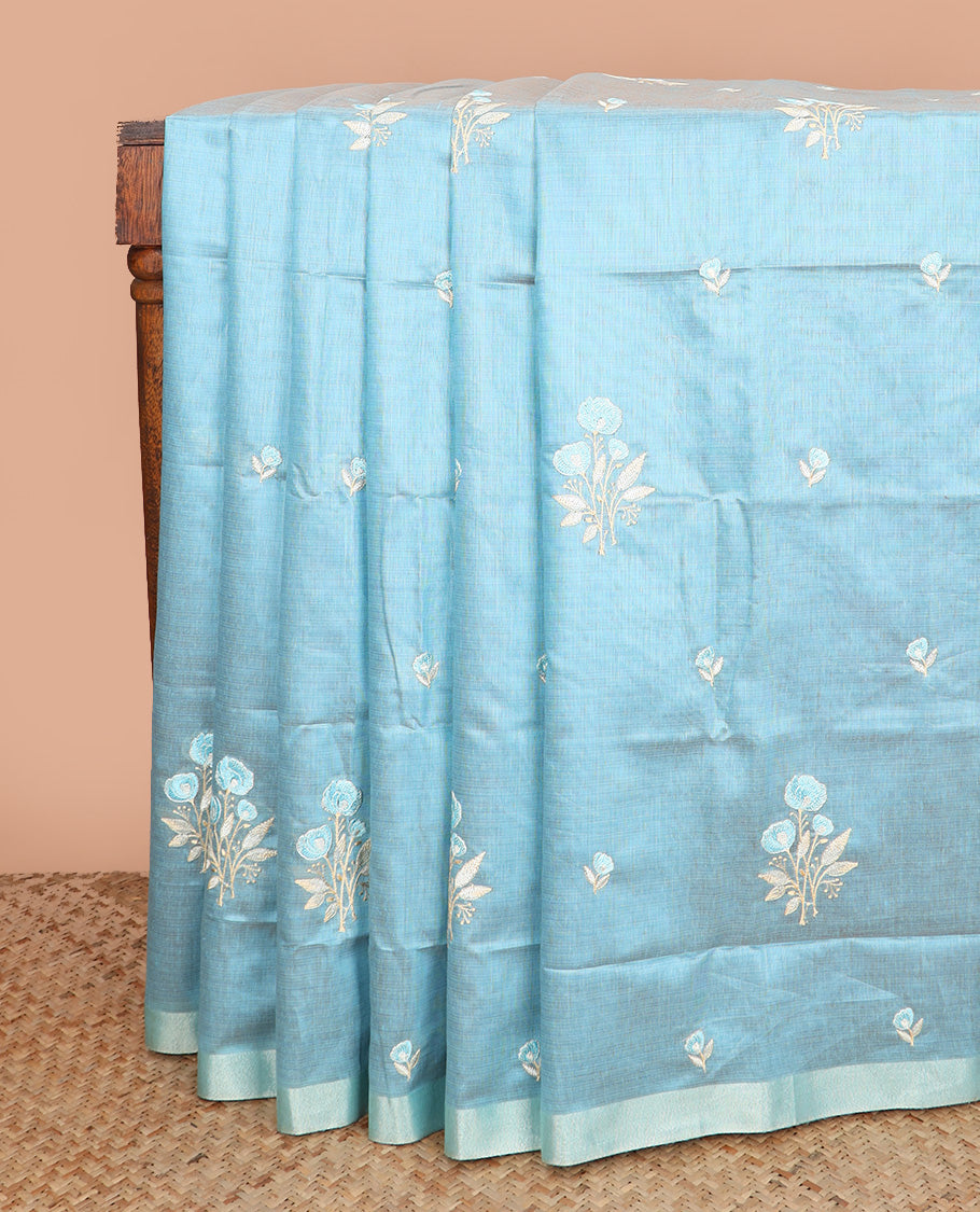 Blue floral thread embroidered Chirala cotton saree, bavanji border, and contrast block printed pallu