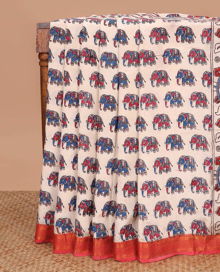 Multi-color elephant motifs machine printed kalamkari cotton saree, contrast traditional zari border, and pallu of peacock motifs