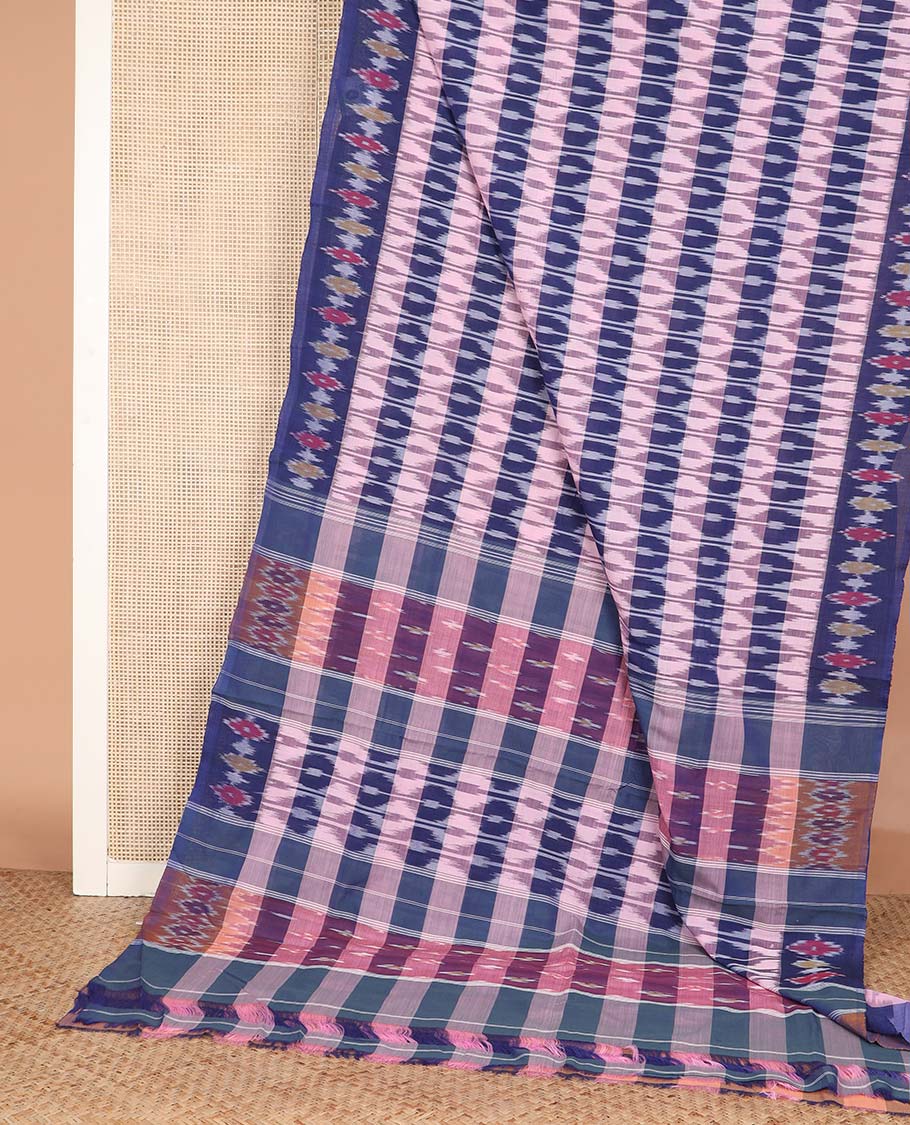 Multi-color striped and ogee patterned ikkat cotton saree, ikkat design border, and ikkat woven pallu