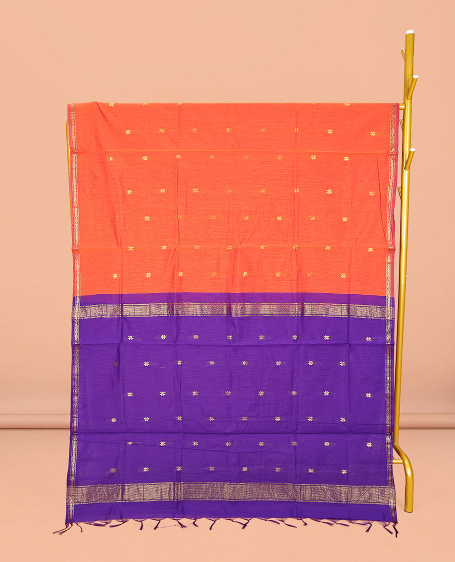 Orange Maheshwari Cotton Saree, Woven with Buttas All Over Its Body, Subtle Zari Piping Border, Complemented by a Contrast Pallu Steeped with Buttas, and Paired with a Contrast Blouse