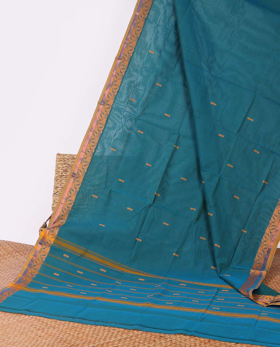 Blue buttas Chettinad cotton saree, Paisley creeper border & striped pallu