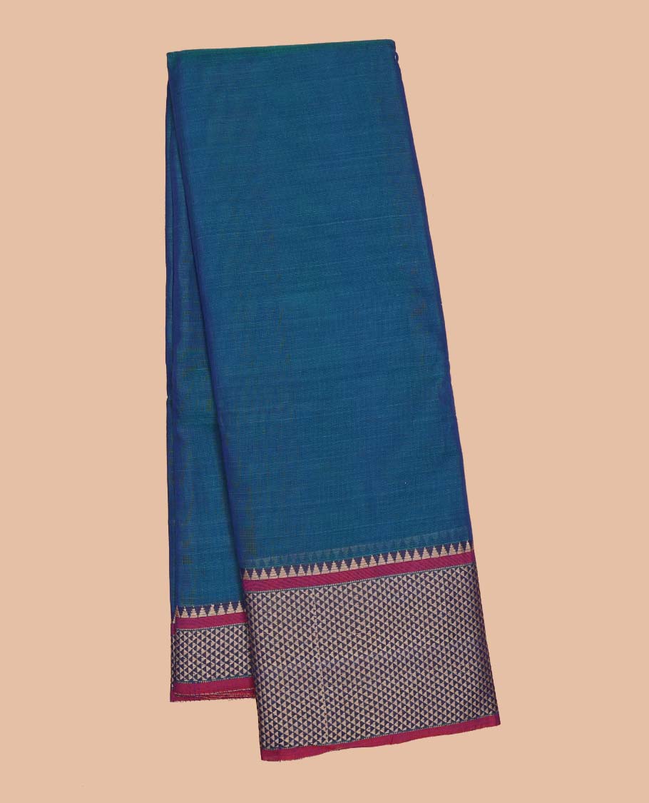 Blue plain Narayanapet cotton saree, contrast traditional design border & striped pallu