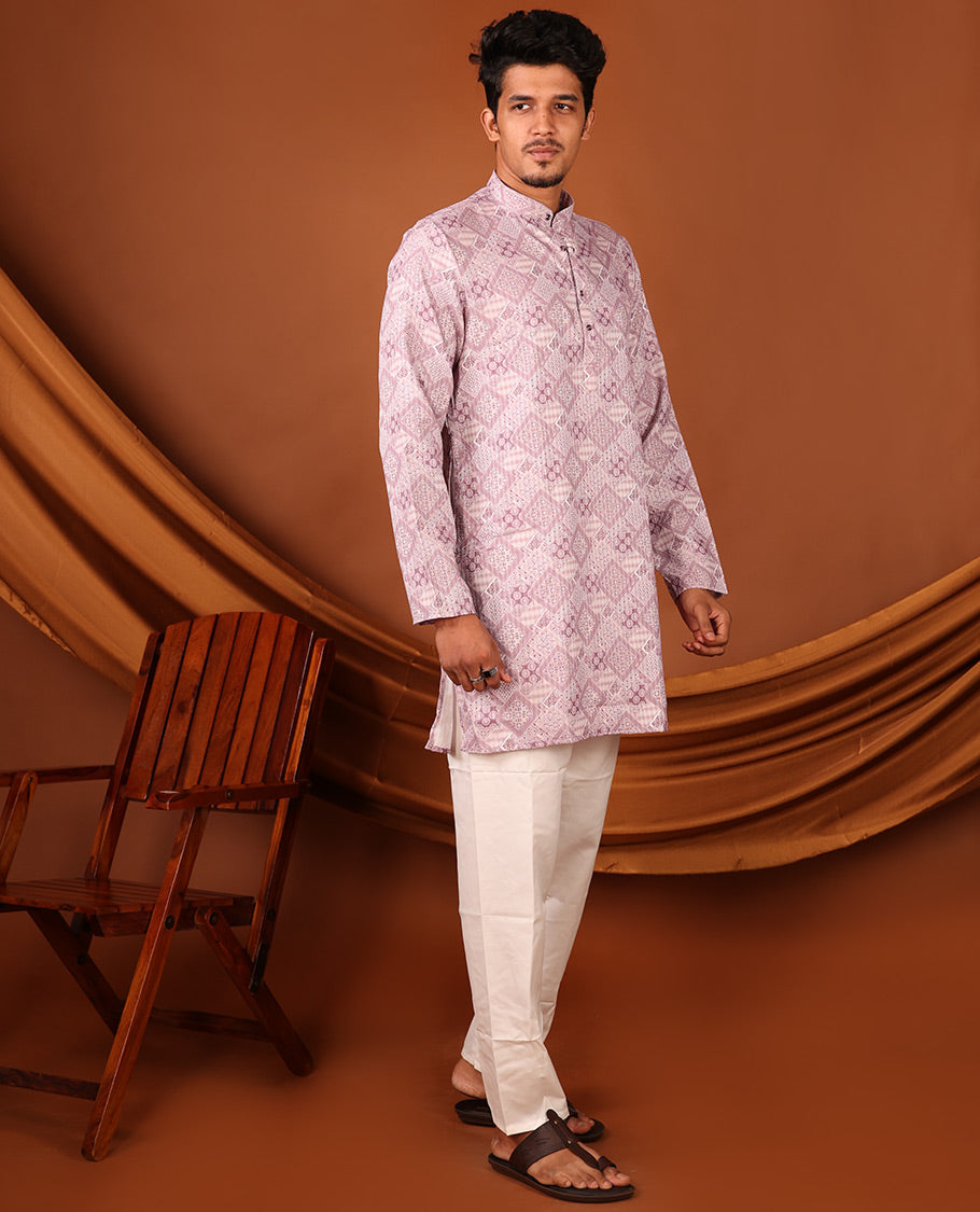 Pale Pink Geometric Design Full-Sleeved Men's Kurta