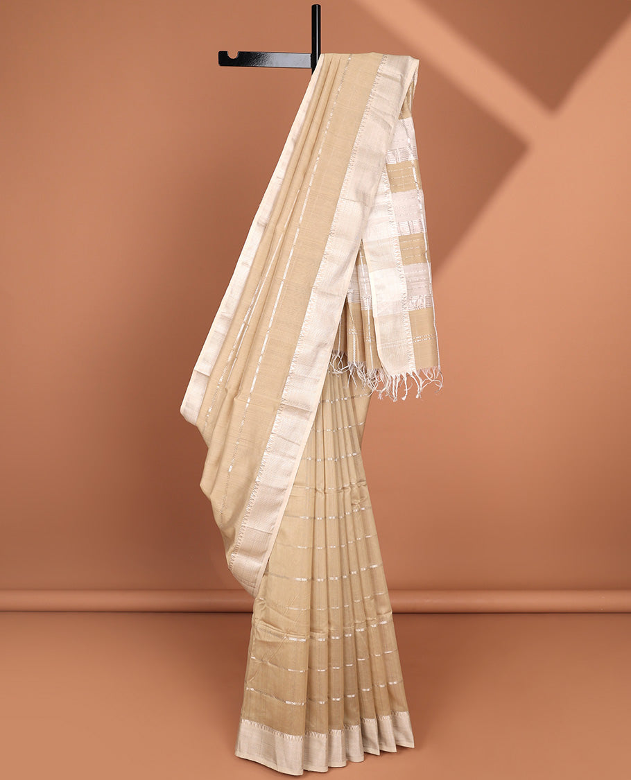 Sandal striped Maheshwari cotton saree, traditional zari border & pallu of zari stripes