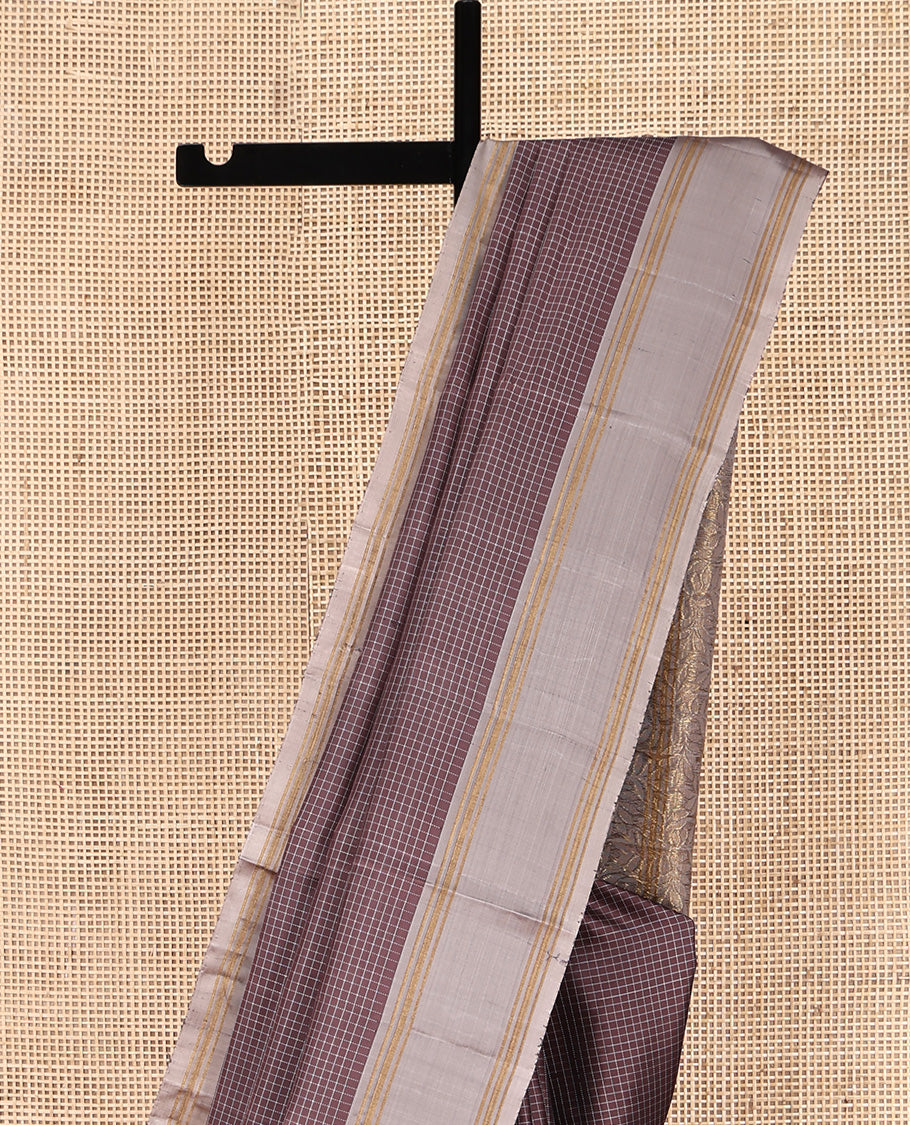 Brown Mayuri Lite Silk Mix Saree, Detailed with Micro-Checked All Over Its Body, Complemented by a Contrast Rettai Pettu Border, Pallu of Floral Designs, and Paired with a Contrast Blouse