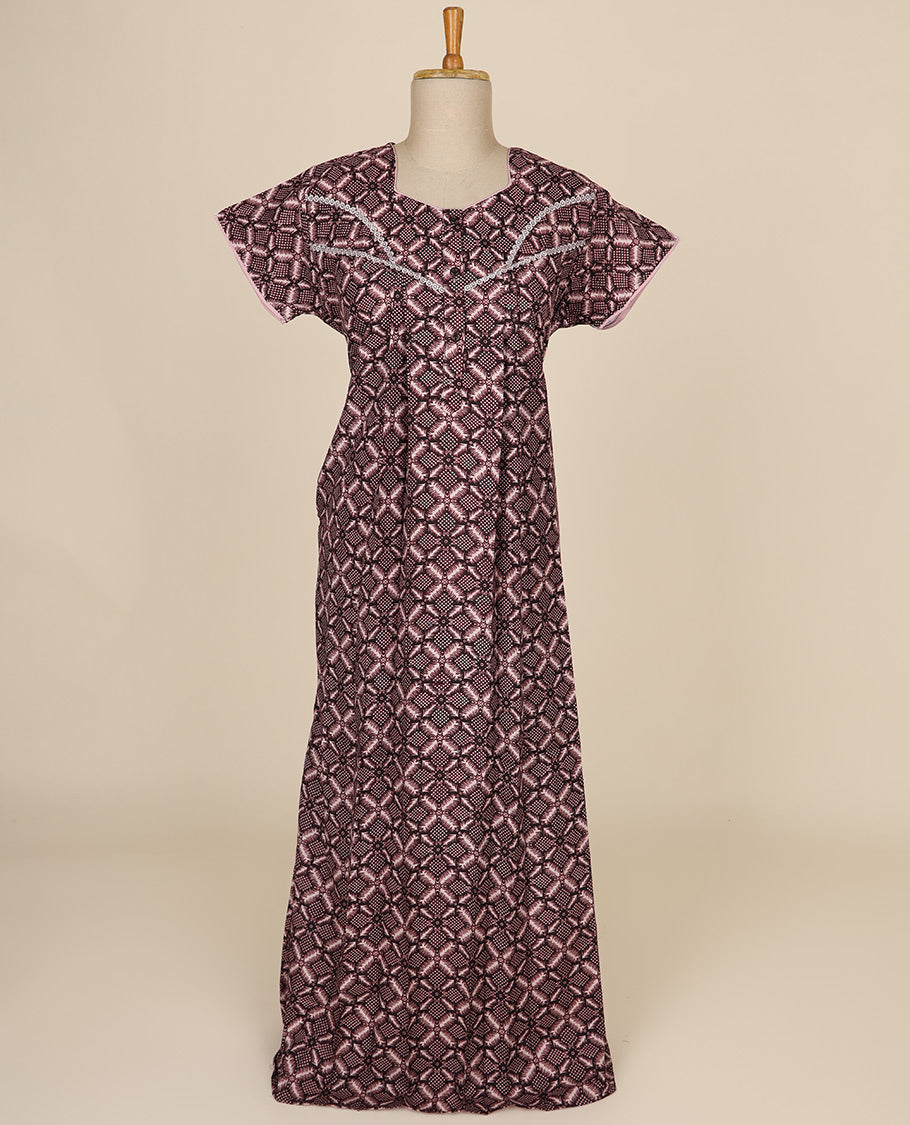Cream geometric printed & square neck cotton half-sleeve nighty