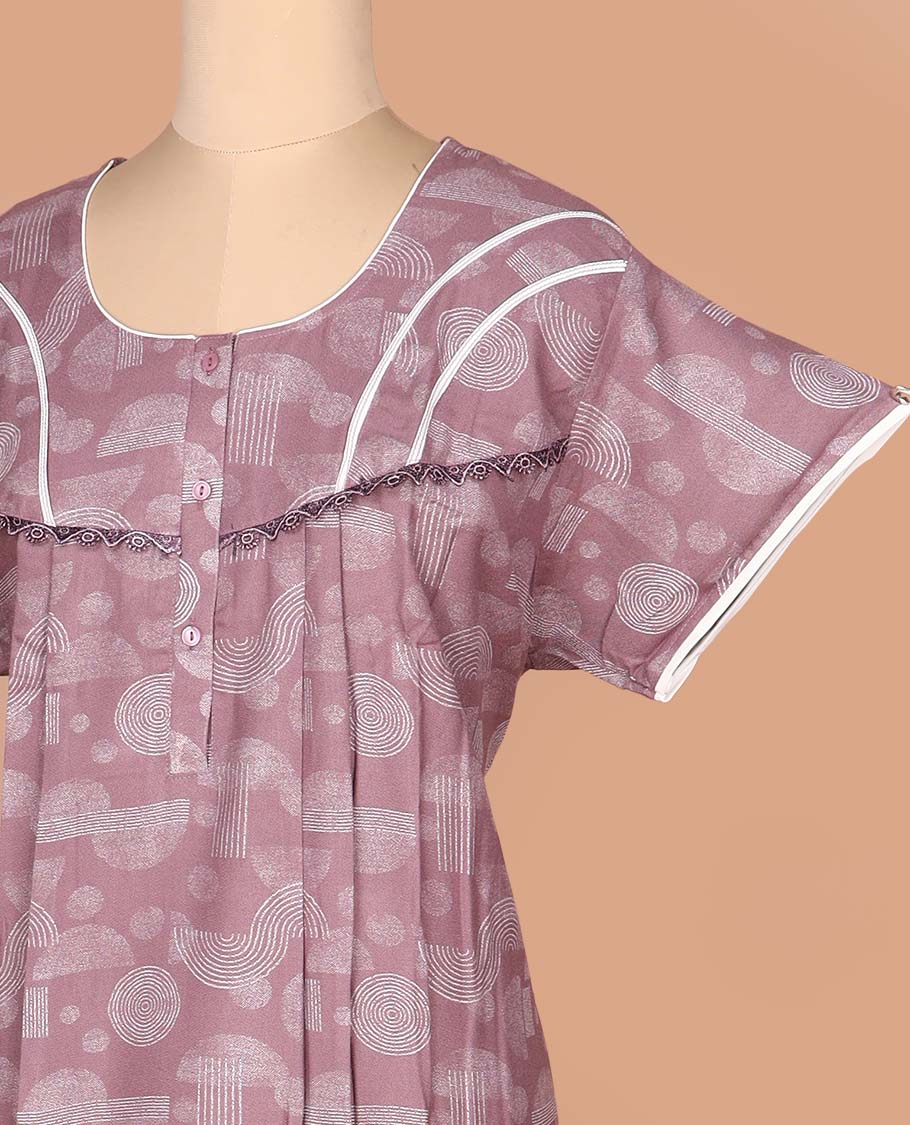 Rosewood pink geometric printed with neck embroidered half-sleeve round neck cotton nighty